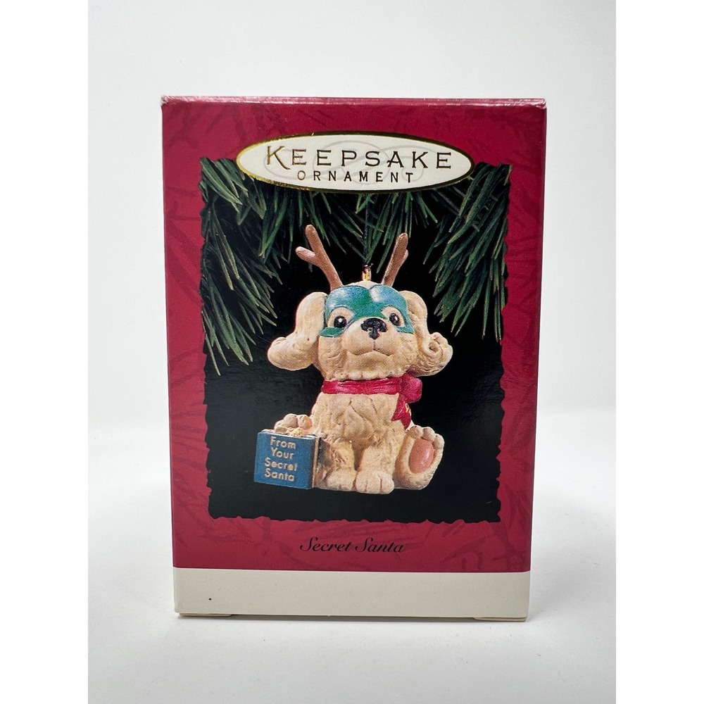 Hallmark Ornament Tan New in Box 1994 Secret Santa Puppy Reindeer Mask